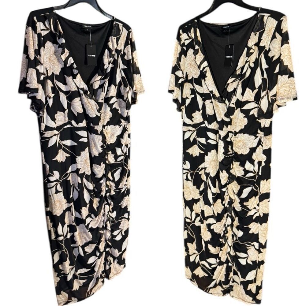 Torrid Floral At The Knee Mesh Surplice Ruffle Slit Dress Size 2 2XL NWT - Picture 10 of 13